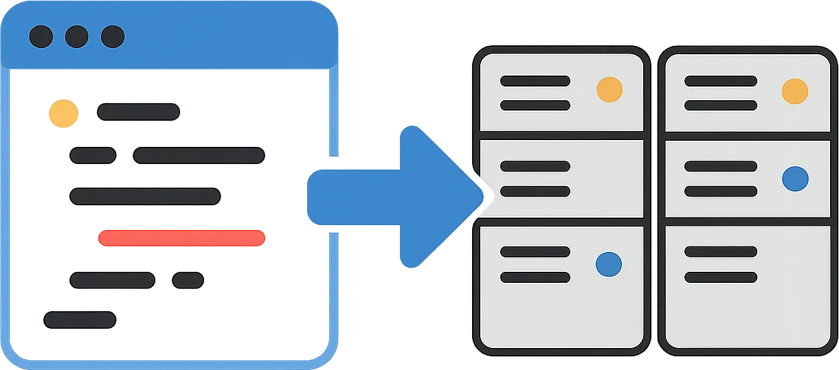 Illustration: code window with an arrow to server racks